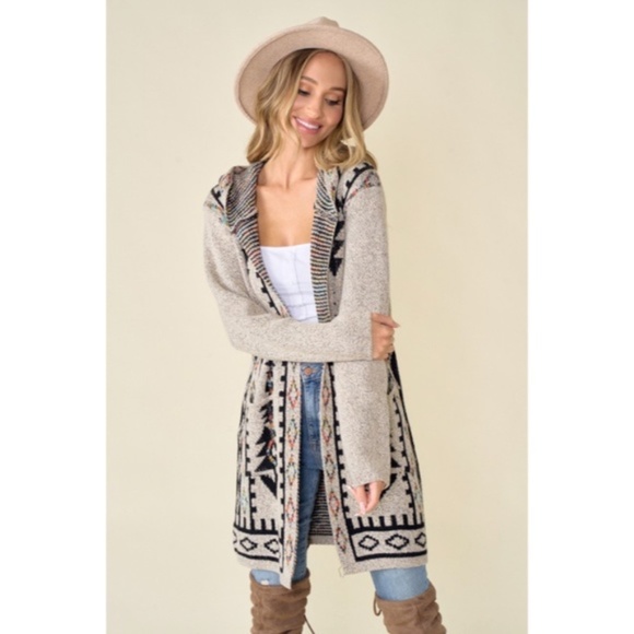 Oatmeal Aztec Rainbow Western Hooded Knit Cardigan Long Sleeve Open Sweater - Picture 6 of 14